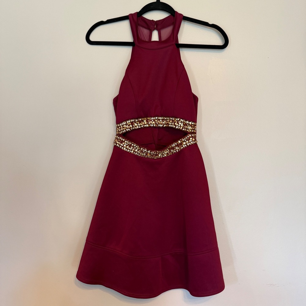 Honey and Rosie Burgundy Cutout Beaded Halter Dress Cocktail Prom Wedding Size M